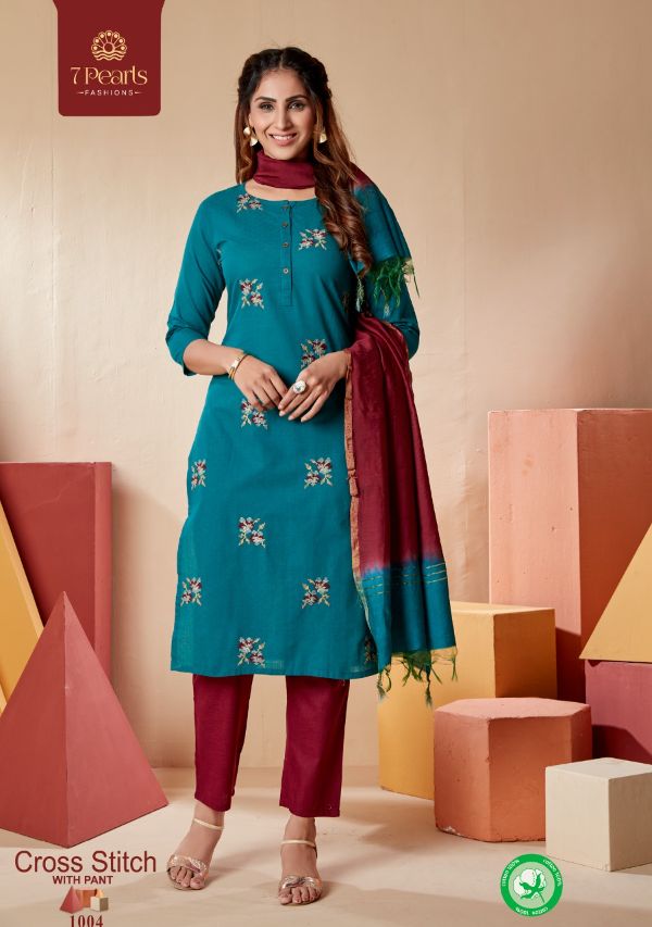 7 Pearls Presnets  Cross Stitch Pure Cotton With Embroidery Work And Other Trims Long Straight Kurtis And Pants Wholesale Rate In Surat - Sai Dresses