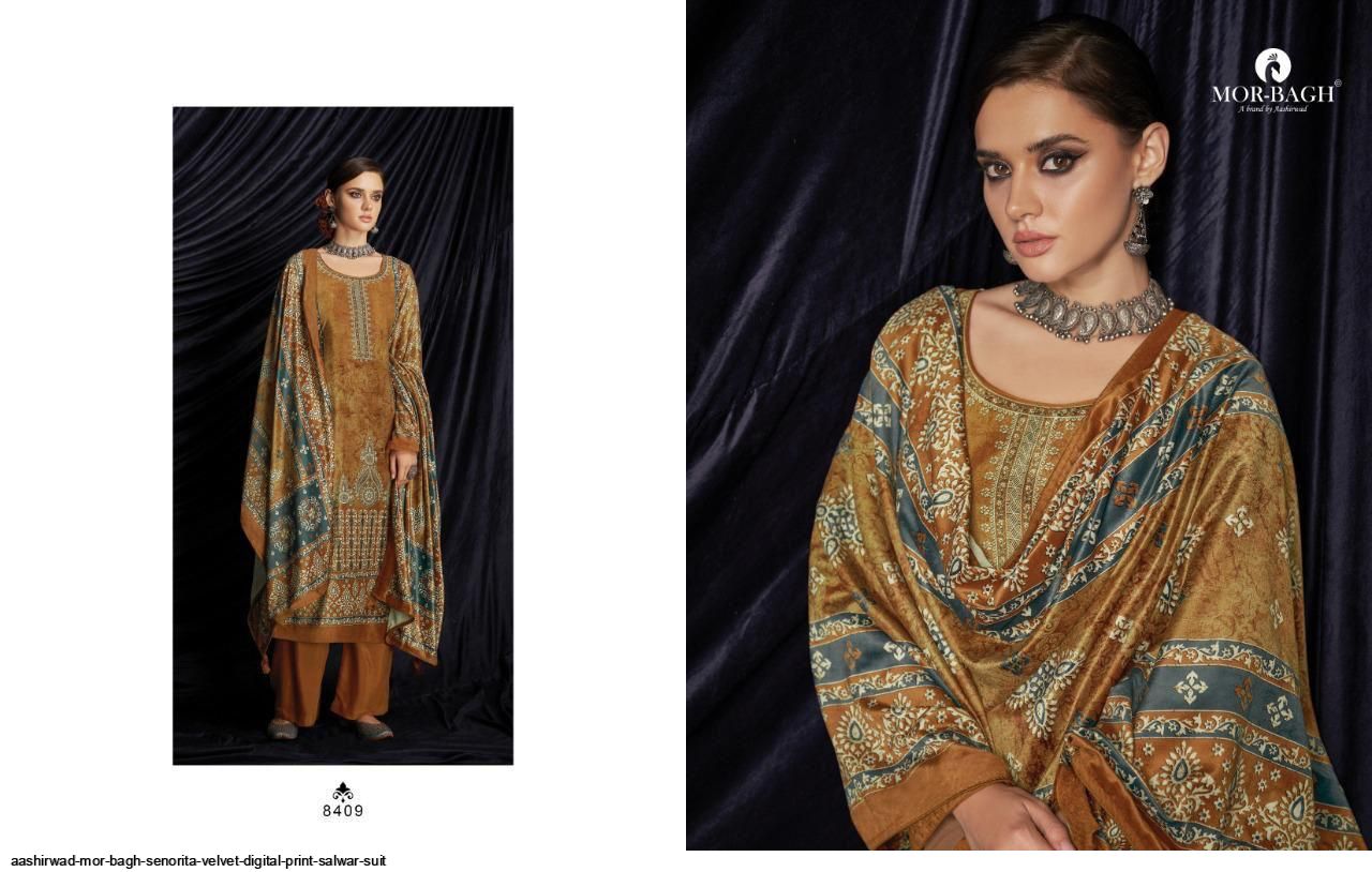 Aashirwad Resnets  Mor Bagh Senorita Velvet Digital Print Salwar Suit Wholesale Rate In Surat - Sai Dresses
