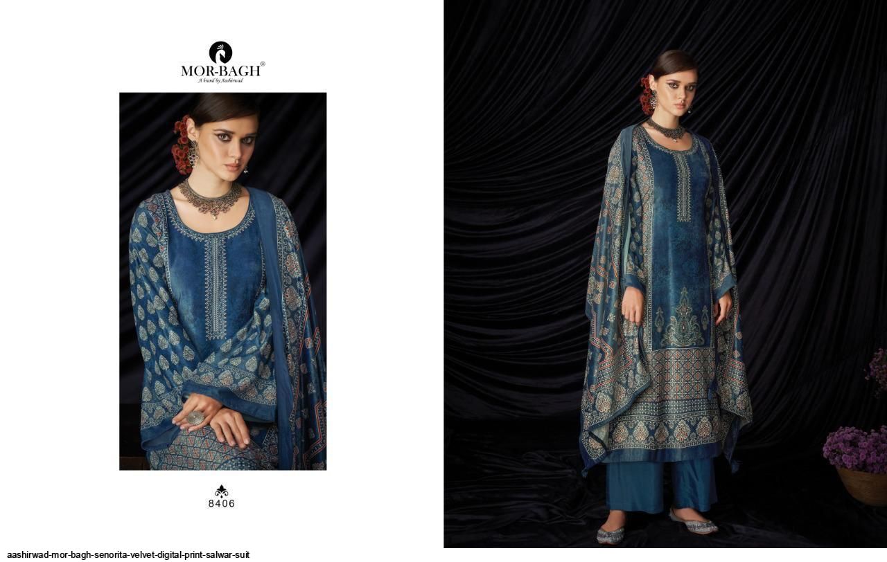 Aashirwad Resnets  Mor Bagh Senorita Velvet Digital Print Salwar Suit Wholesale Rate In Surat - Sai Dresses