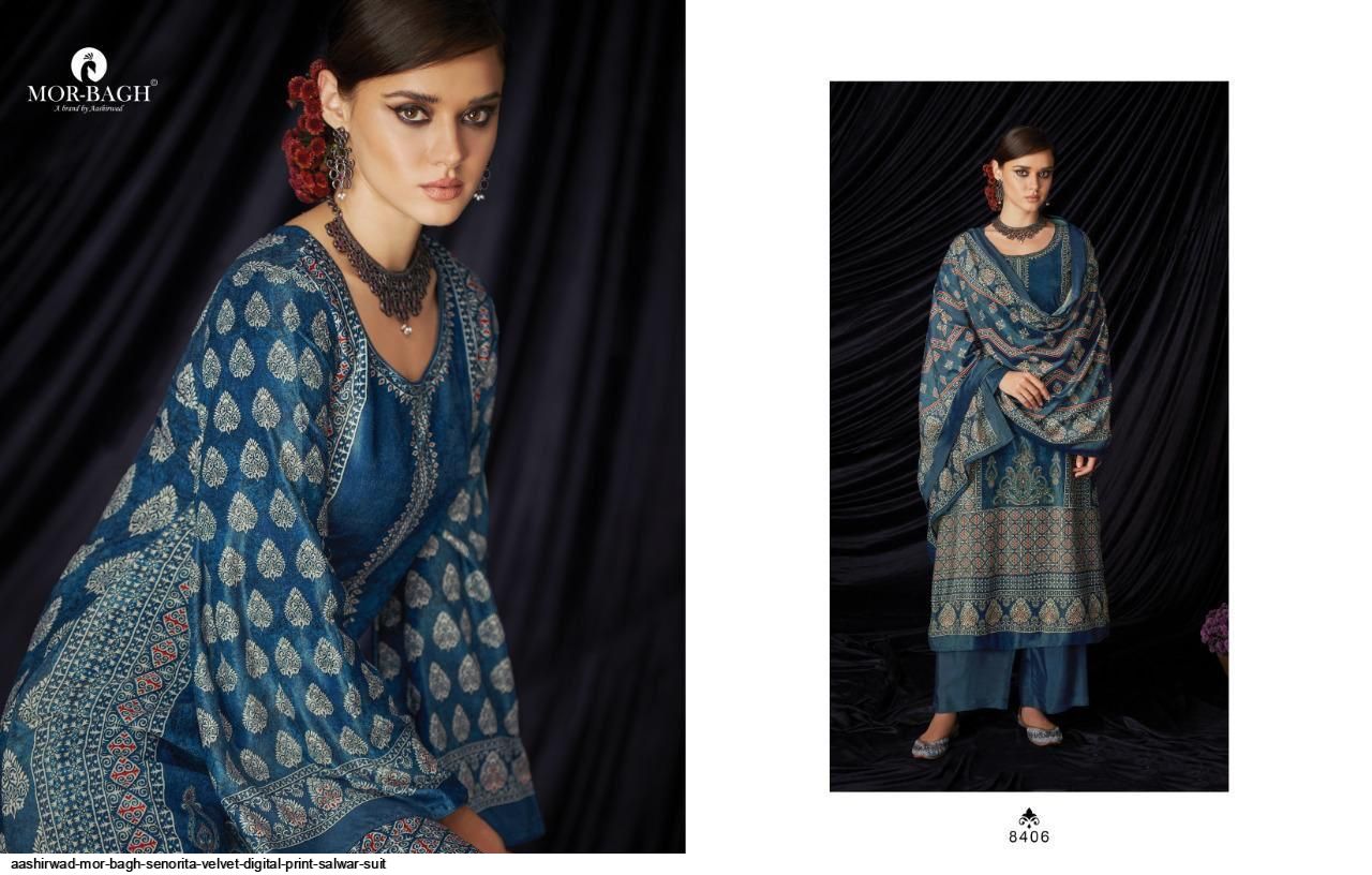 Aashirwad Resnets  Mor Bagh Senorita Velvet Digital Print Salwar Suit Wholesale Rate In Surat - Sai Dresses