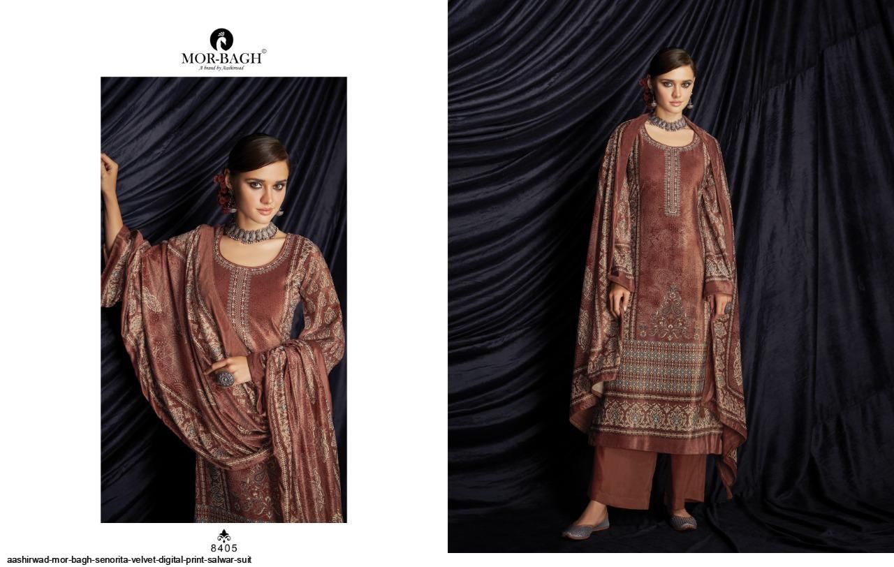 Aashirwad Resnets  Mor Bagh Senorita Velvet Digital Print Salwar Suit Wholesale Rate In Surat - Sai Dresses