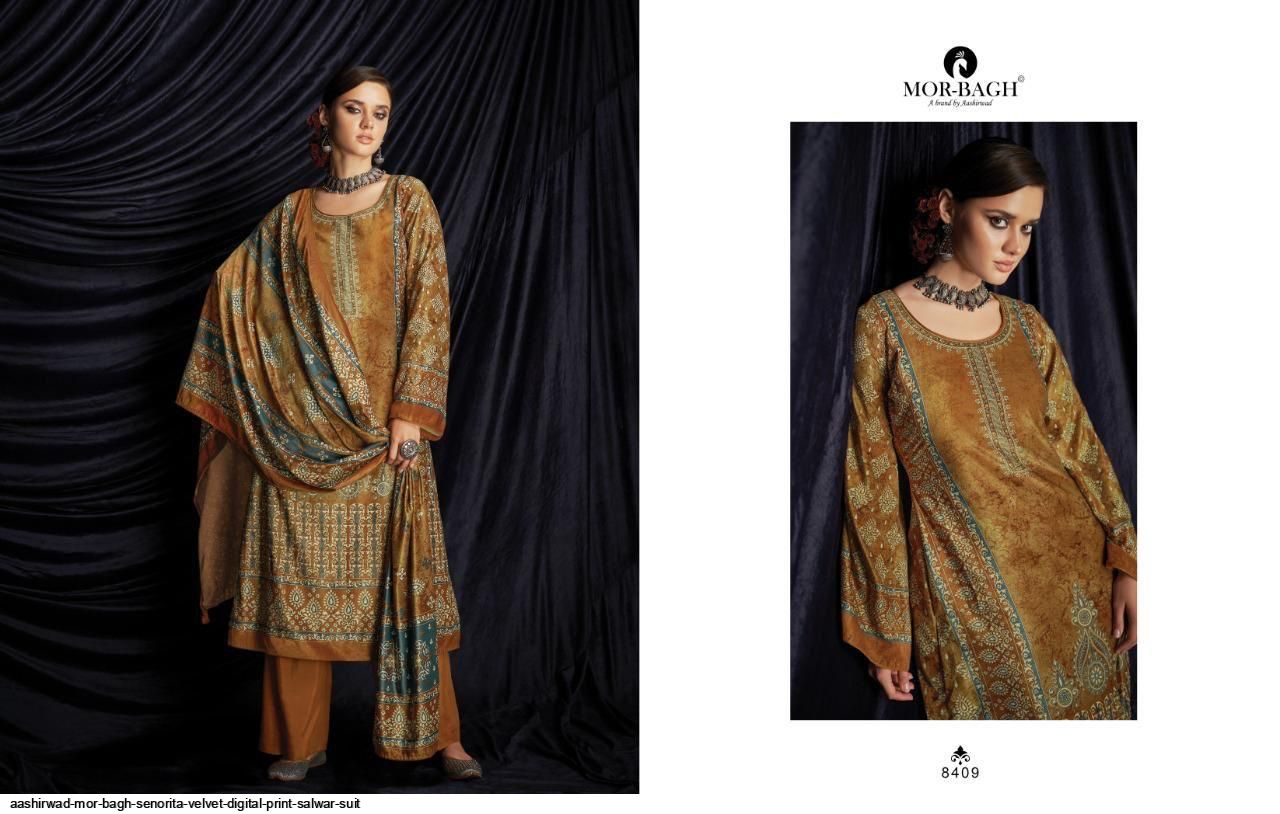 Aashirwad Resnets  Mor Bagh Senorita Velvet Digital Print Salwar Suit Wholesale Rate In Surat - Sai Dresses