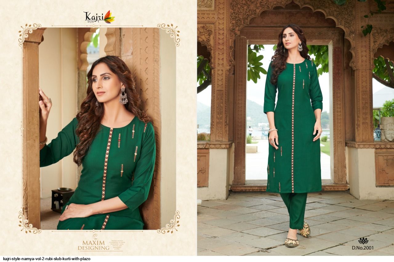 Kajri Style Presnets  Namya Vol 2 Rubi Slub Kurti With Plazo Wholesale Rate In Surat - Sai Dresses