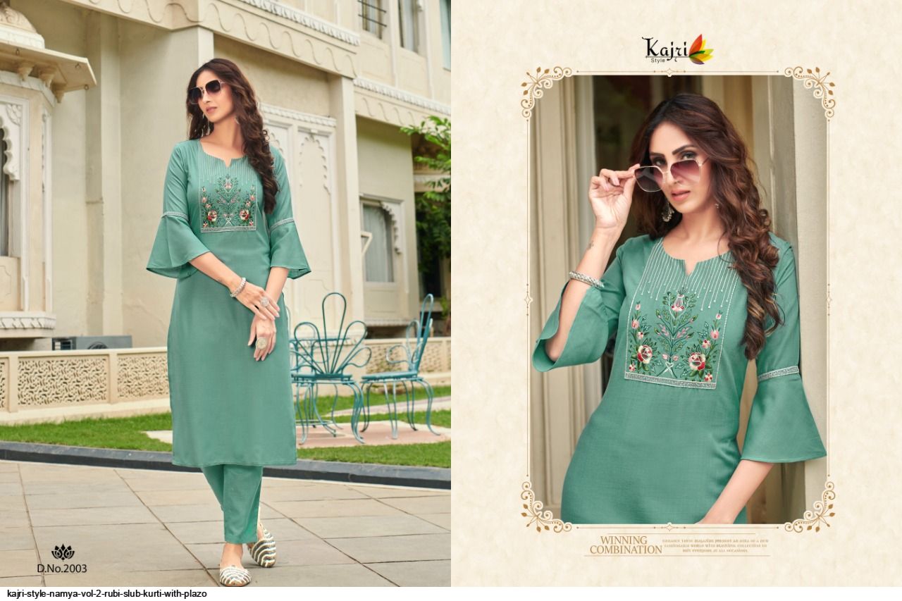 Kajri Style Presnets  Namya Vol 2 Rubi Slub Kurti With Plazo Wholesale Rate In Surat - Sai Dresses