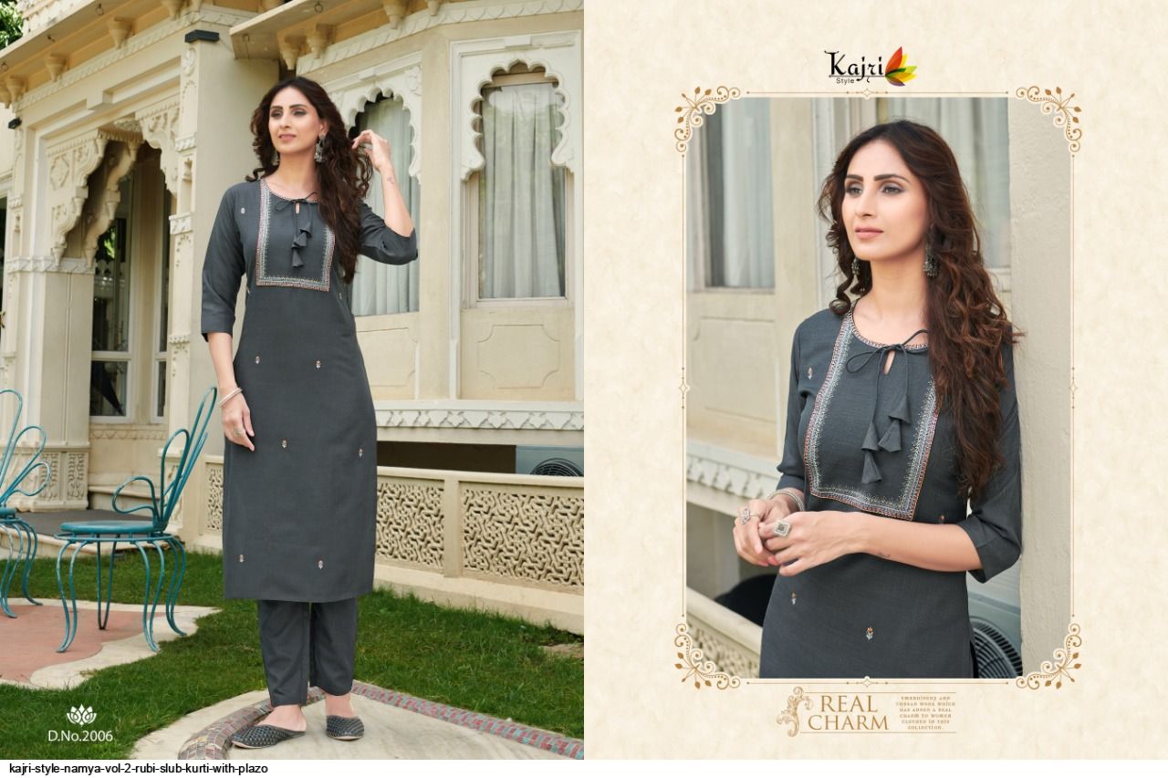 Kajri Style Presnets  Namya Vol 2 Rubi Slub Kurti With Plazo Wholesale Rate In Surat - Sai Dresses