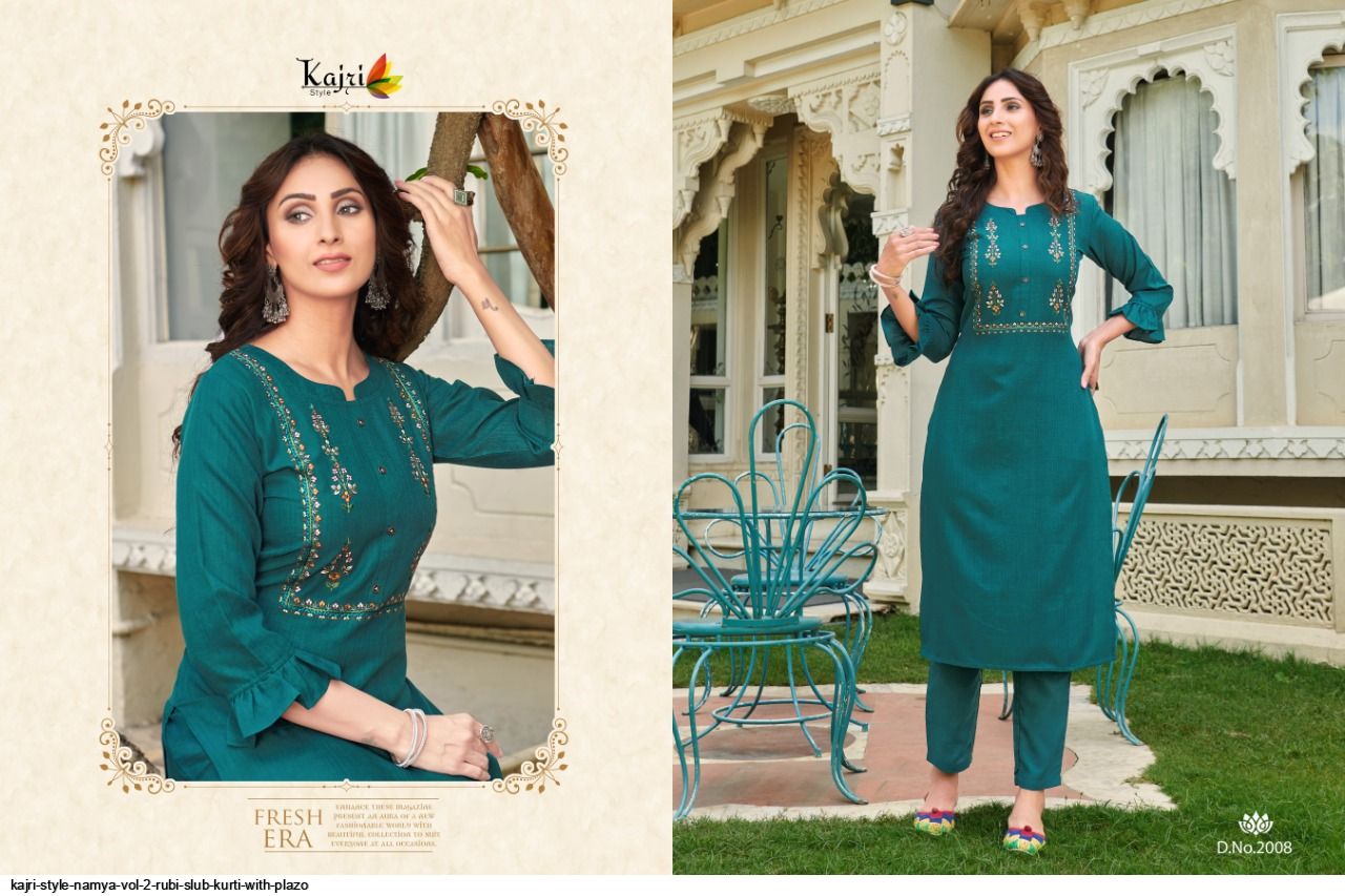 Kajri Style Presnets  Namya Vol 2 Rubi Slub Kurti With Plazo Wholesale Rate In Surat - Sai Dresses