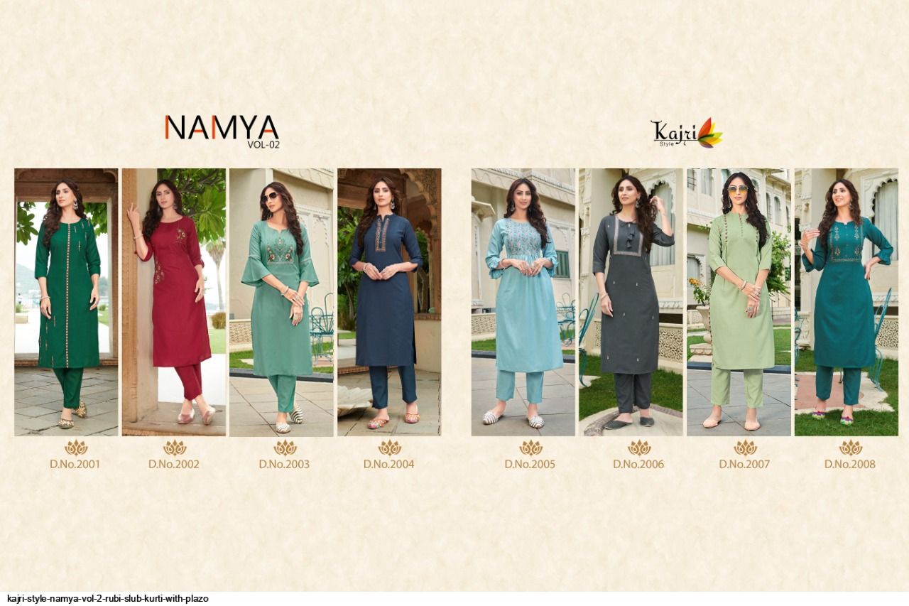 Kajri Style Presnets  Namya Vol 2 Rubi Slub Kurti With Plazo Wholesale Rate In Surat - Sai Dresses