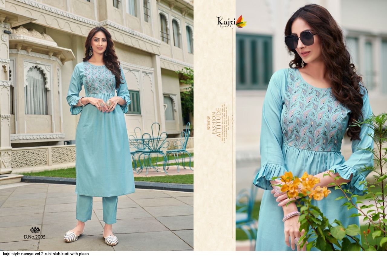 Kajri Style Presnets  Namya Vol 2 Rubi Slub Kurti With Plazo Wholesale Rate In Surat - Sai Dresses