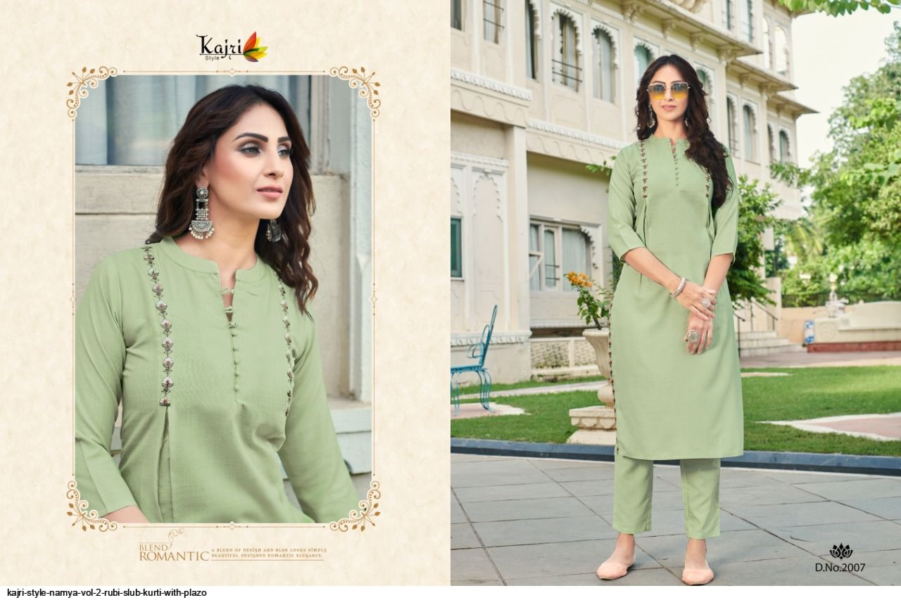 Kajri Style Presnets  Namya Vol 2 Rubi Slub Kurti With Plazo Wholesale Rate In Surat - Sai Dresses