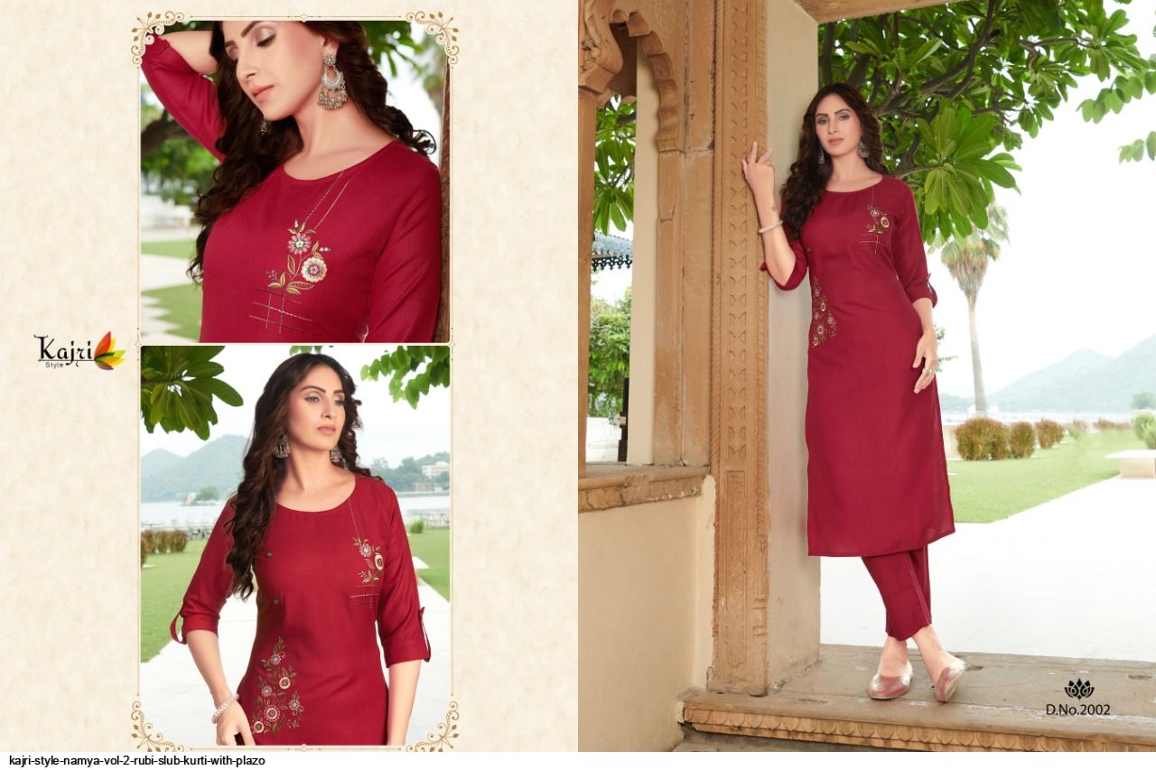 Kajri Style Presnets  Namya Vol 2 Rubi Slub Kurti With Plazo Wholesale Rate In Surat - Sai Dresses