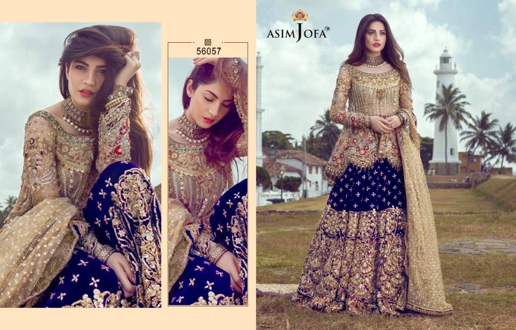 Asim Jofa Presnets  D No 56057 A B C D Butterfly Net With Heavy Embroidery Suits Wholesaler Surat- Sai Dresses