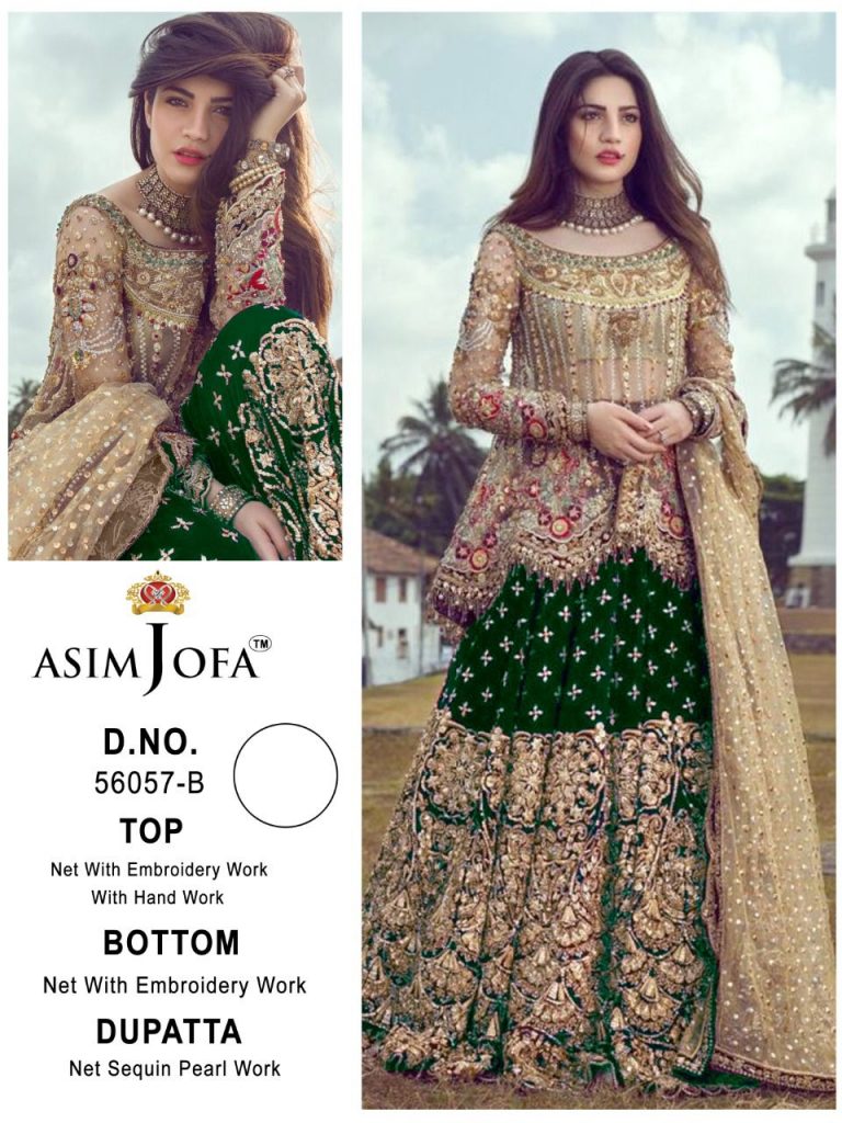 Asim Jofa Presnets  D No 56057 A B C D Butterfly Net With Heavy Embroidery Suits Wholesaler Surat- Sai Dresses