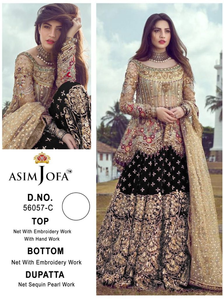 Asim Jofa Presnets  D No 56057 A B C D Butterfly Net With Heavy Embroidery Suits Wholesaler Surat- Sai Dresses