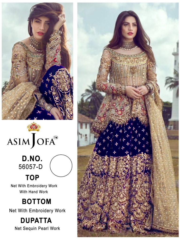 Asim Jofa Presnets  D No 56057 A B C D Butterfly Net With Heavy Embroidery Suits Wholesaler Surat- Sai Dresses