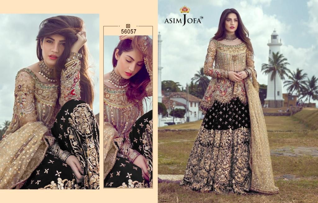 Asim Jofa Presnets  D No 56057 A B C D Butterfly Net With Heavy Embroidery Suits Wholesaler Surat- Sai Dresses