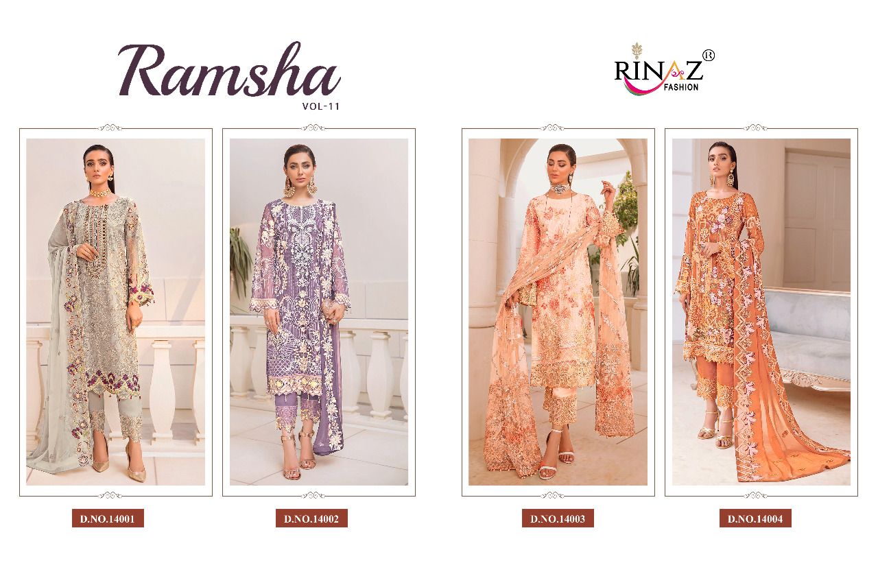 Rinaz Fahsion Presnets Ramsha Vol-11 Pakistani Suits Collection In Wholesale Rate In Surat - Sai Dresses