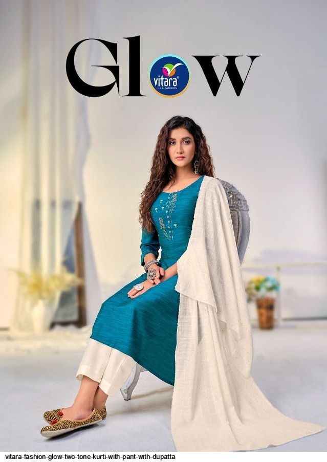 Vitara Fashion Presnets Glow Two Tone Kurti With Pant With Dupatta Wholesale Rate In Surat - Sai Dresses