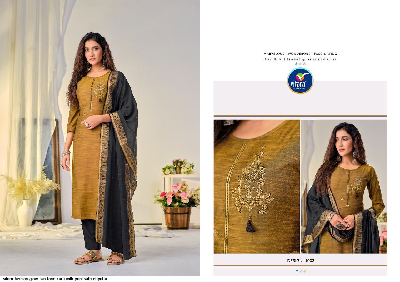 Vitara Fashion Presnets Glow Two Tone Kurti With Pant With Dupatta Wholesale Rate In Surat - Sai Dresses