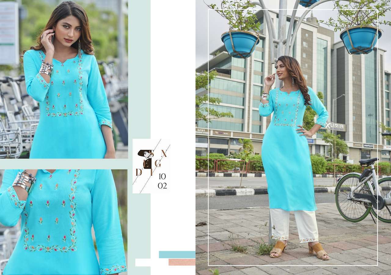 Vitara Fashion Presents Amorina Heavy Rayon Embroidery Wholesale Kurti With Pent In Surat - Sai Dresses