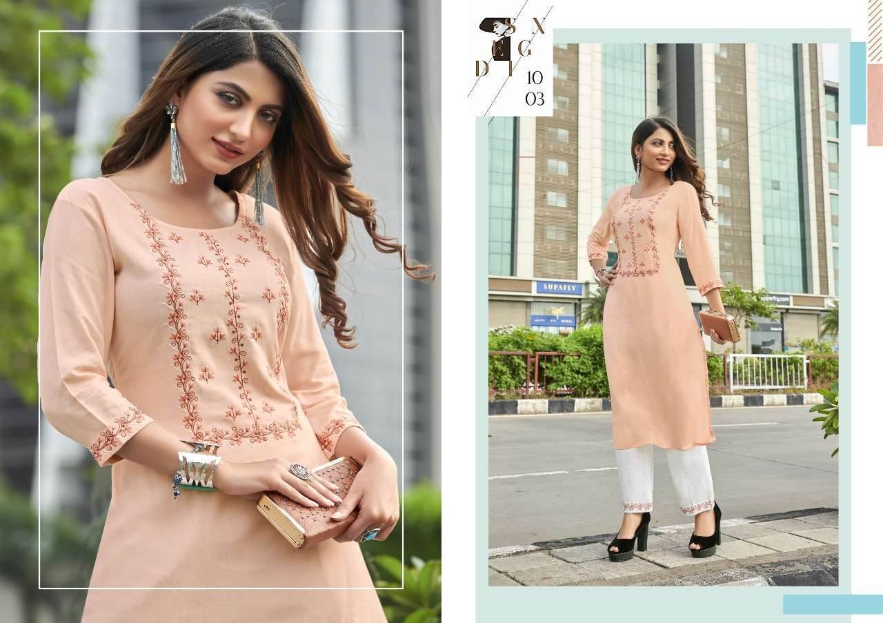 Vitara Fashion Presents Amorina Heavy Rayon Embroidery Wholesale Kurti With Pent In Surat - Sai Dresses