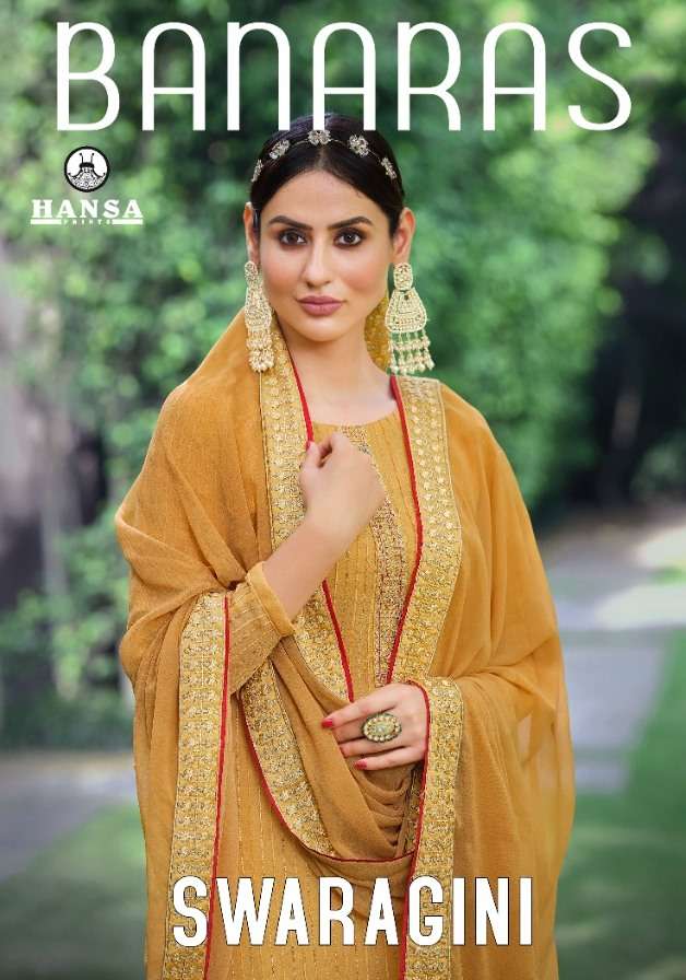 HANSA PRINTS PRESENTS LATEST CATALOG BANARAS SWARAGINI WHOLESALE RATE IN SURAT- SAI DRESSES