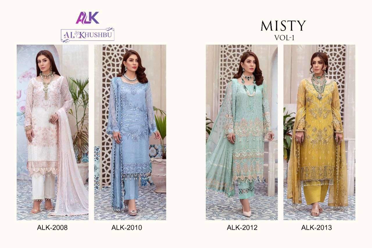 AL KHUSHBU PRESENT MISTY VOL- 1 GEORGETTE SEMI STITCHED PAKISTANI CONCEPT SALWAR SUITS IN WHOLESALE PRICE IN SURAT - SAI DRESSES