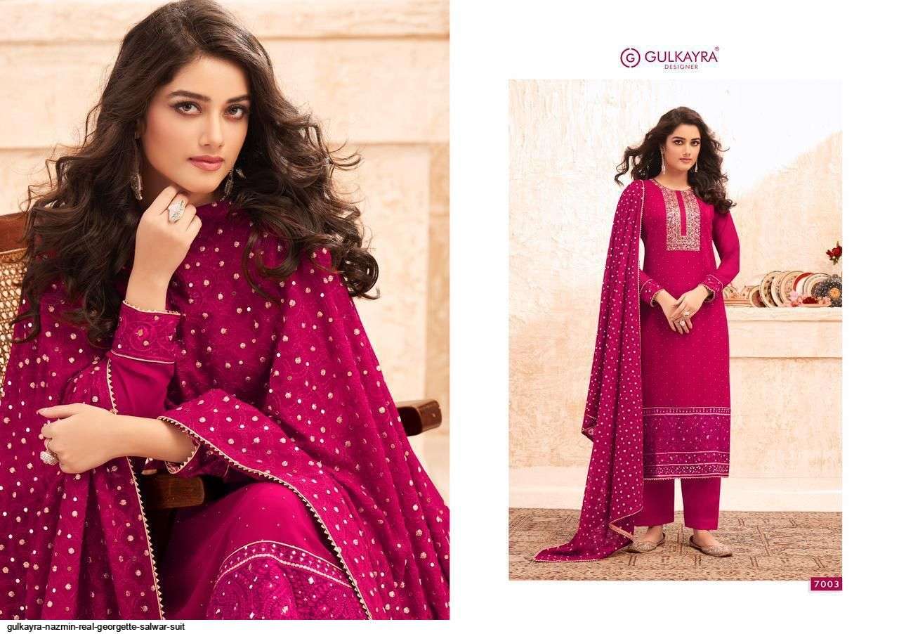 GULKAYRA DESIGNER PRESENT NAZMIN 7001 TO 7005 SERIES SEMI STICHED SALWAR SUITS IN WHOLESALE PRICE IN SURAT - SAI DRESSES