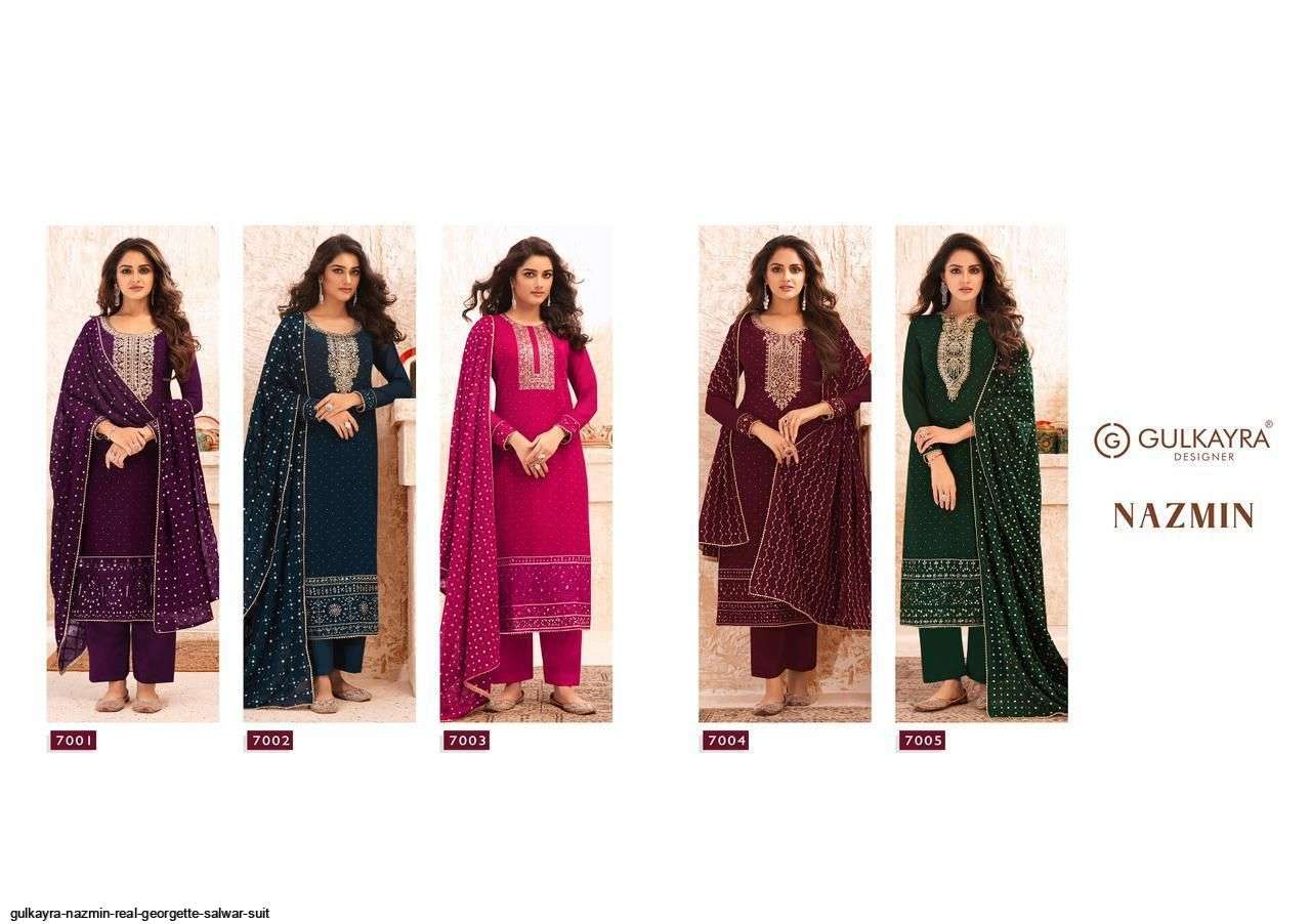 GULKAYRA DESIGNER PRESENT NAZMIN 7001 TO 7005 SERIES SEMI STICHED SALWAR SUITS IN WHOLESALE PRICE IN SURAT - SAI DRESSES