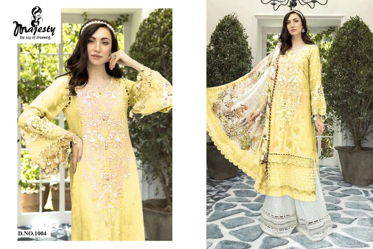 MAJESTY PRESENT MARIA DIGITAL PRINTED JAM SILK COTTON WITH EMBROIDERED PATCH PAKISTANI DRESS MATERIAL COLLECTION IN WHOLESALE PRICE IN SURAT - SAI DRESSES