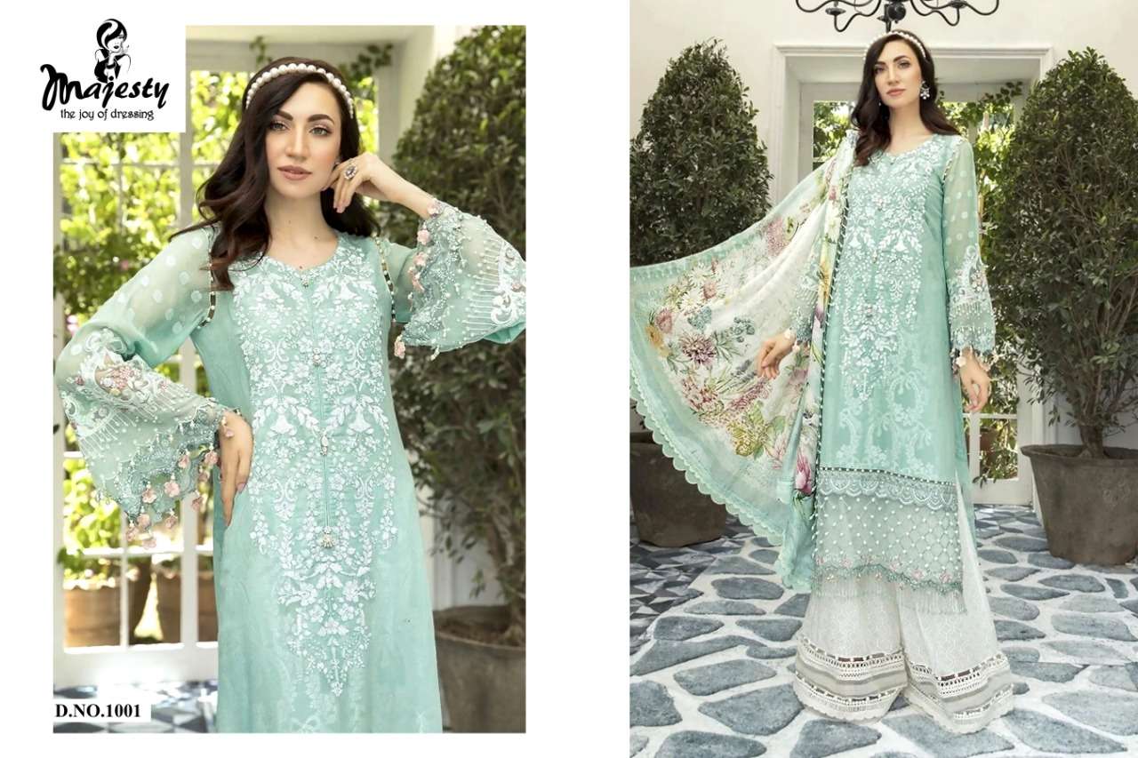 MAJESTY PRESENT MARIA DIGITAL PRINTED JAM SILK COTTON WITH EMBROIDERED PATCH PAKISTANI DRESS MATERIAL COLLECTION IN WHOLESALE PRICE IN SURAT - SAI DRESSES