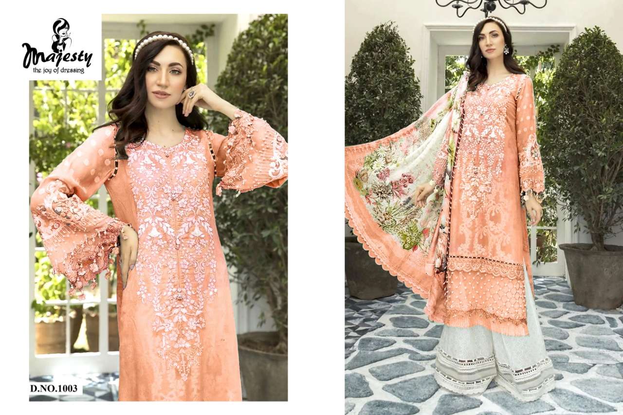 MAJESTY PRESENT MARIA DIGITAL PRINTED JAM SILK COTTON WITH EMBROIDERED PATCH PAKISTANI DRESS MATERIAL COLLECTION IN WHOLESALE PRICE IN SURAT - SAI DRESSES