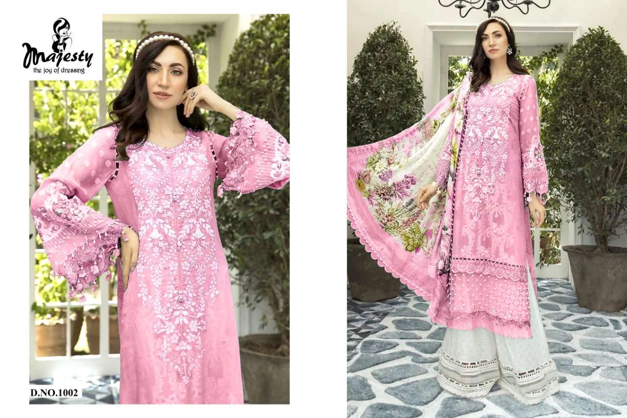 MAJESTY PRESENT MARIA DIGITAL PRINTED JAM SILK COTTON WITH EMBROIDERED PATCH PAKISTANI DRESS MATERIAL COLLECTION IN WHOLESALE PRICE IN SURAT - SAI DRESSES
