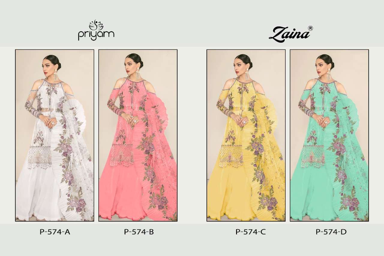 PRIYAM FASHION PRESENTS ZAINA  D. NO P-574-A TO P-574-D PREMIUM CATALOG COLLECTION IN WHOLESALE RATE IN SURAT - SAI DRESSES 