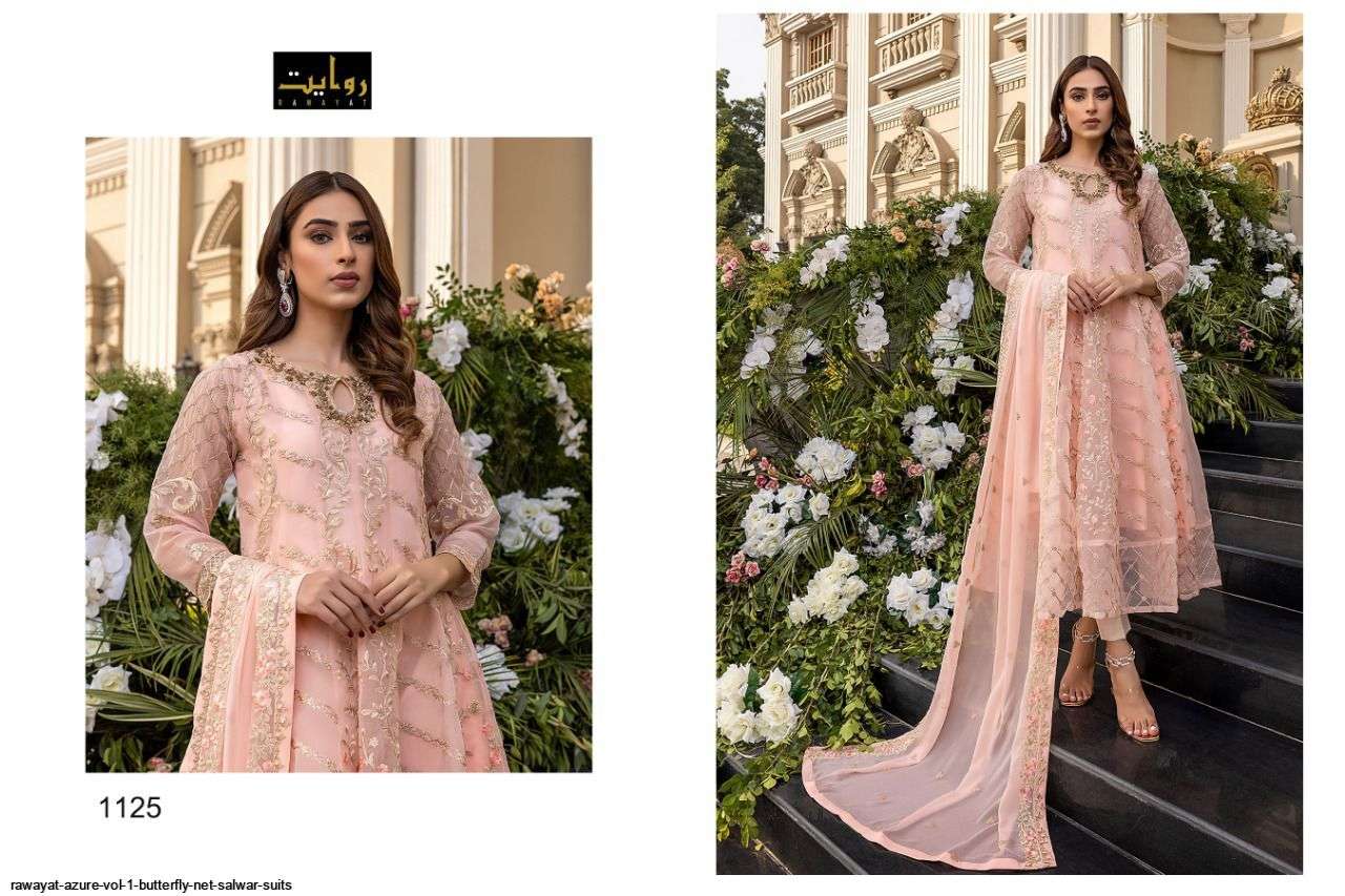 RAWAYAT PRESENT AZURE VOL- 1 PAKISTANI DESIGNER SALWAR SUITS IN BUTTERFLY NET IN WHOLESALE PRICE IN SURAT- SAI DRESSES 