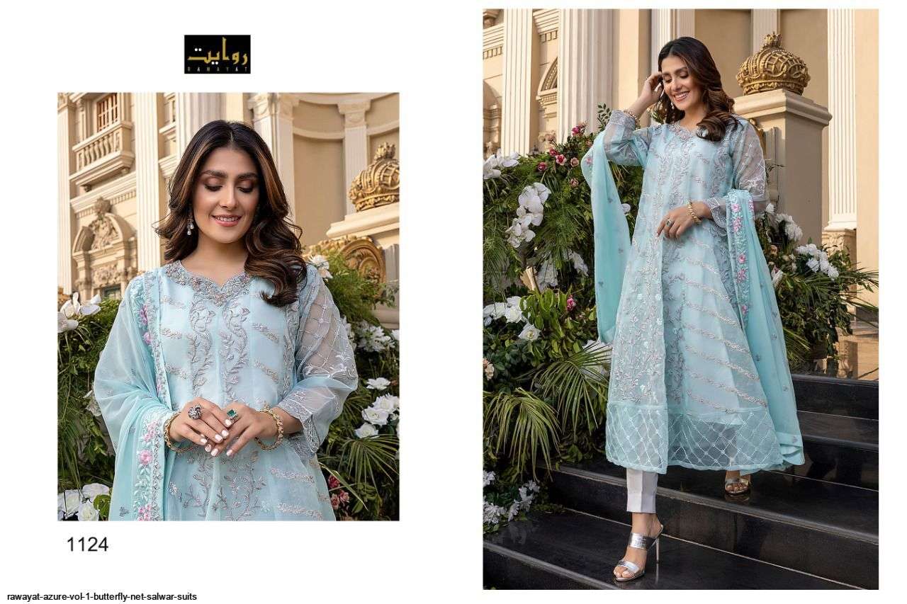 RAWAYAT PRESENT AZURE VOL- 1 PAKISTANI DESIGNER SALWAR SUITS IN BUTTERFLY NET IN WHOLESALE PRICE IN SURAT- SAI DRESSES 