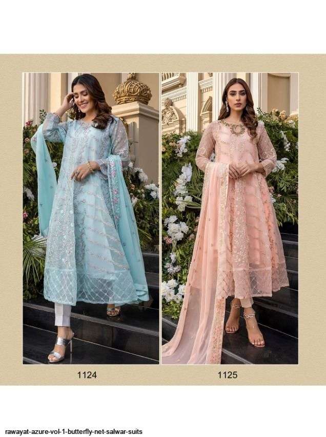 RAWAYAT PRESENT AZURE VOL- 1 PAKISTANI DESIGNER SALWAR SUITS IN BUTTERFLY NET IN WHOLESALE PRICE IN SURAT- SAI DRESSES 