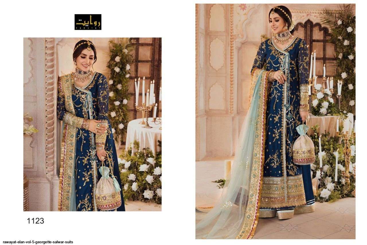  RAWAYAT PRESENT ELAN VOL-5 GEORGETTE SEMI STICHED SALWAR SUITS IN WHOLESALE PRICE IN SURAT - SAI DRESSES