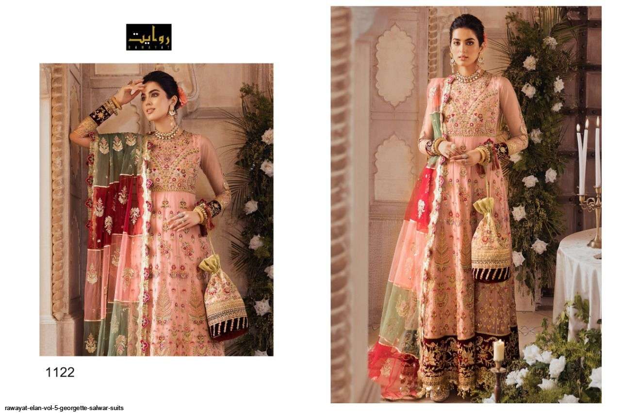  RAWAYAT PRESENT ELAN VOL-5 GEORGETTE SEMI STICHED SALWAR SUITS IN WHOLESALE PRICE IN SURAT - SAI DRESSES