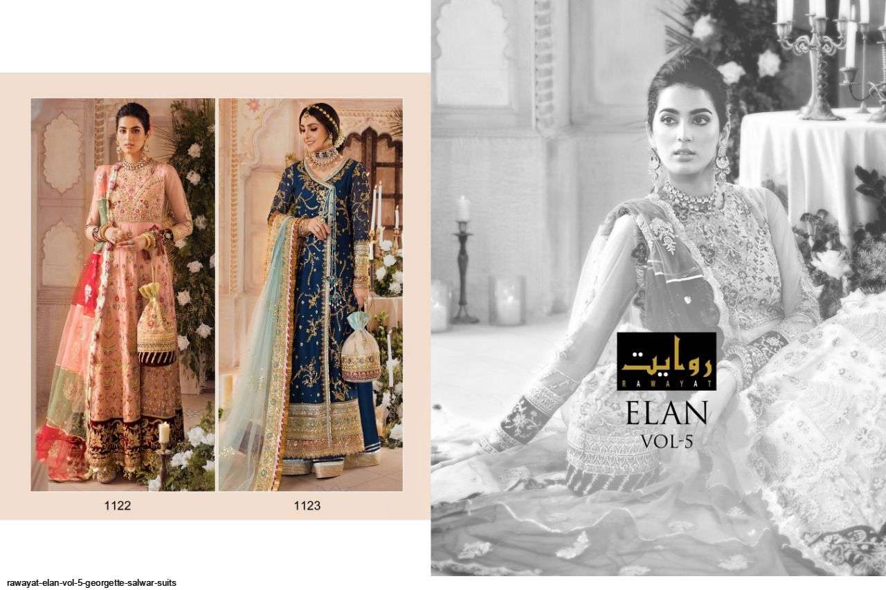  RAWAYAT PRESENT ELAN VOL-5 GEORGETTE SEMI STICHED SALWAR SUITS IN WHOLESALE PRICE IN SURAT - SAI DRESSES
