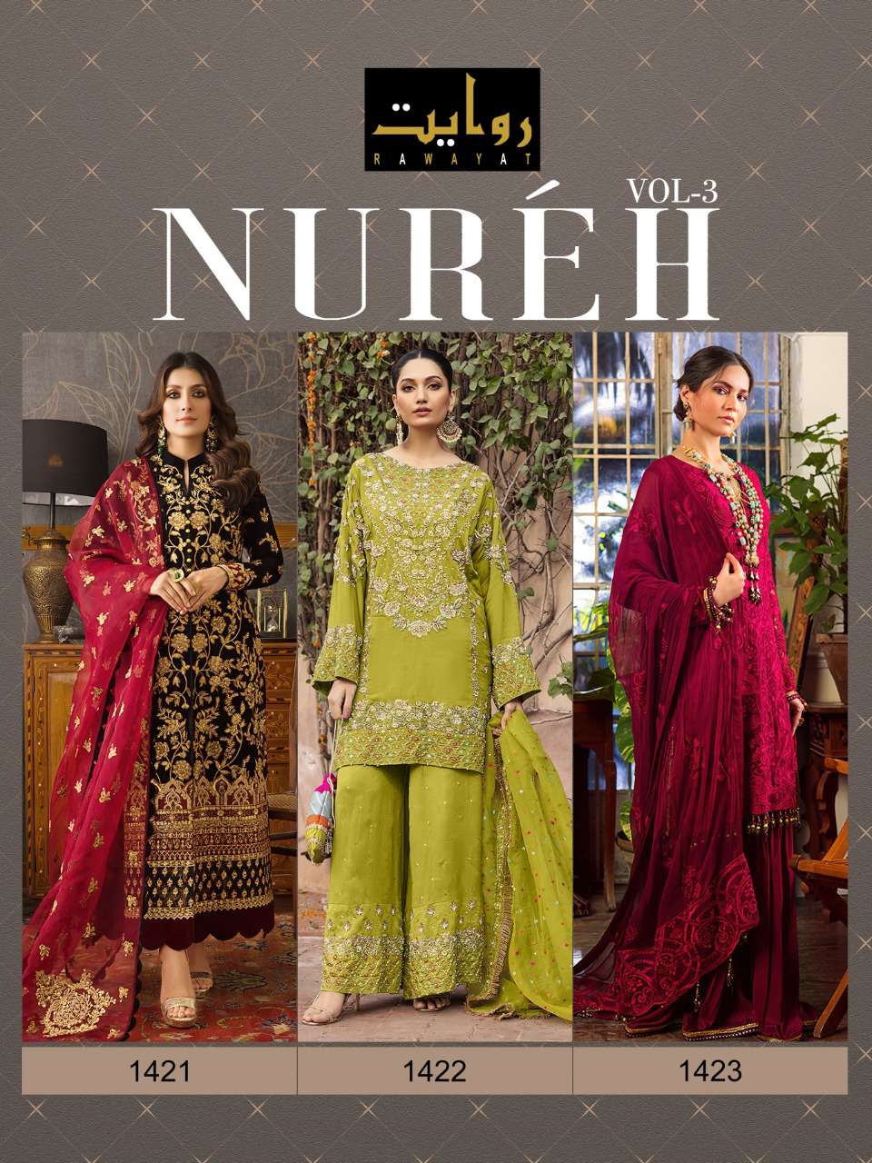 RAWAYAT PRESENTS NUREH VOL-03 PAKISTANI DESIGNER SALWER SUITS COLLECTION IN WHOLESALE RATE IN SURAT - SAI DRESSES 