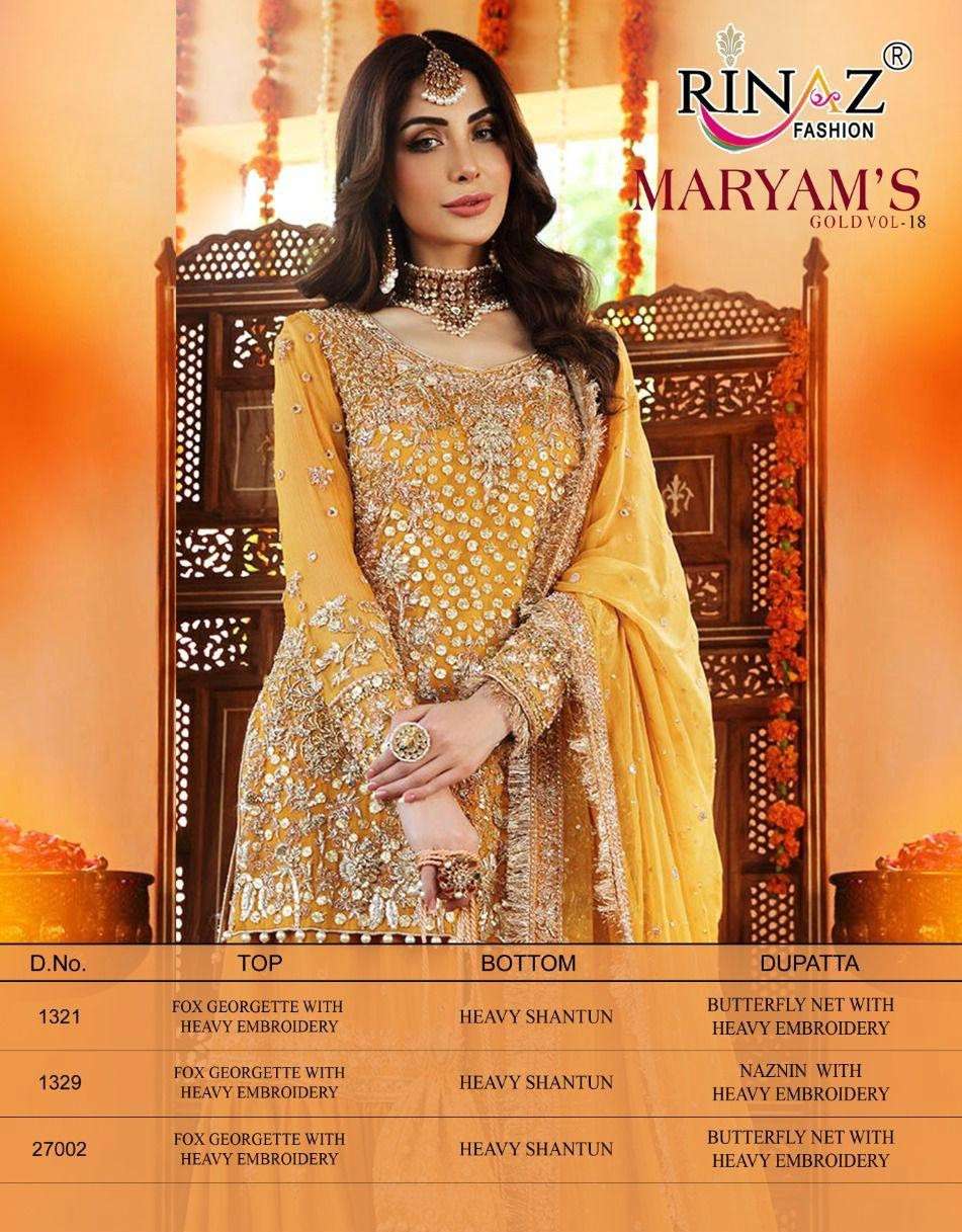 RINAZ PRESENT MARYAM GOLD VOL-18 PAKISTANI SUIT IN WHOLESALE PRICE IN SURAT - SAI DRESSES
