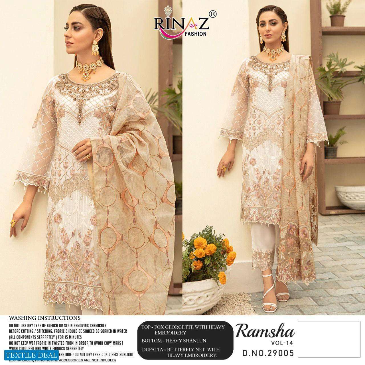 RINAZ PRESENT RAMSHA VOL- 14 GEORGETTE SEMI STICHED SALWAR SUITS IN WHOLESALE PRICE IN SURAT - SAI DRESSES