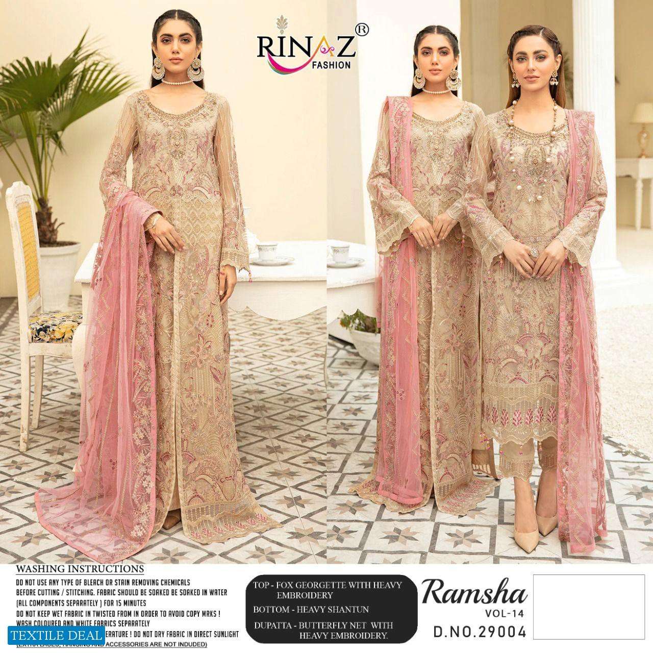 RINAZ PRESENT RAMSHA VOL- 14 GEORGETTE SEMI STICHED SALWAR SUITS IN WHOLESALE PRICE IN SURAT - SAI DRESSES