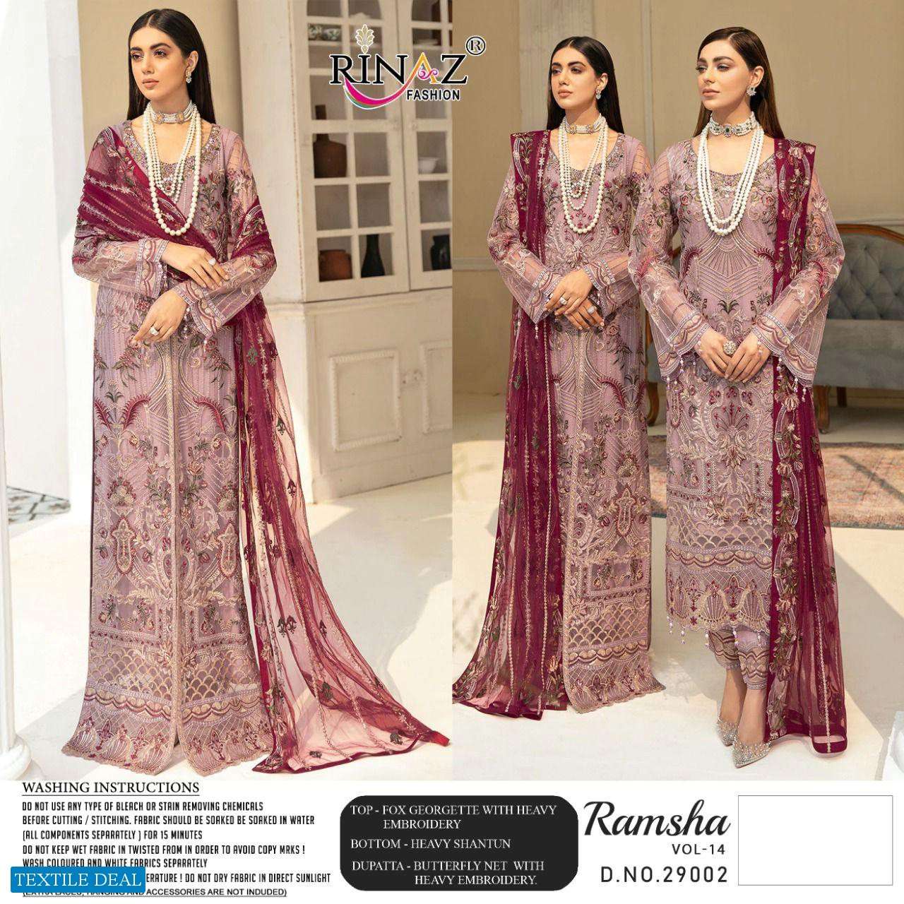 RINAZ PRESENT RAMSHA VOL- 14 GEORGETTE SEMI STICHED SALWAR SUITS IN WHOLESALE PRICE IN SURAT - SAI DRESSES
