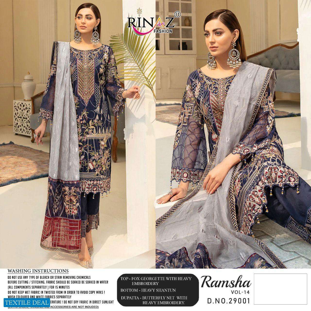 RINAZ PRESENT RAMSHA VOL- 14 GEORGETTE SEMI STICHED SALWAR SUITS IN WHOLESALE PRICE IN SURAT - SAI DRESSES