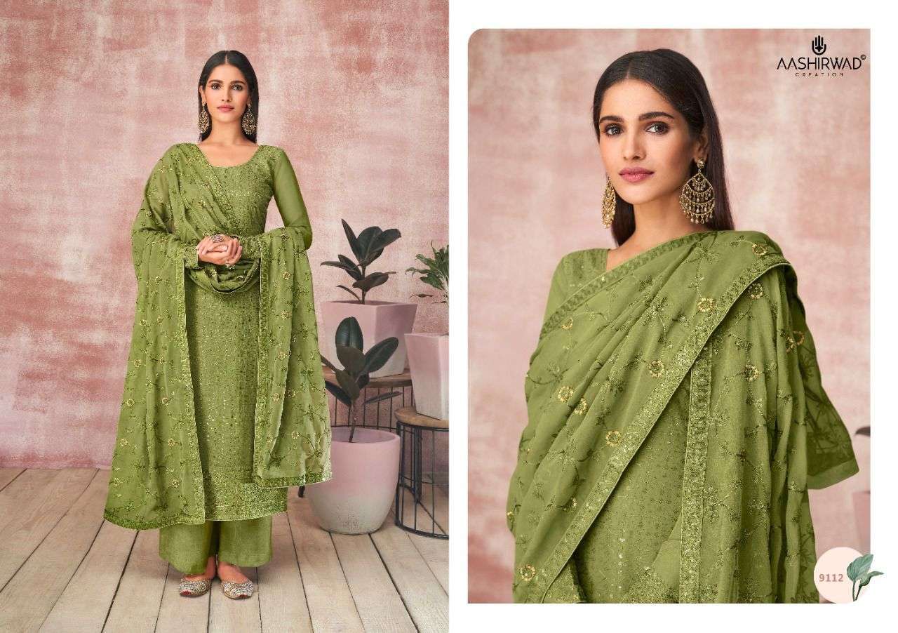 AASHIRWAD CREATION PRESENT KAVYA REAL GEORGETTE WITH EMBROIDERY WORK SEMI STITCHED DESIGNER SUIT IN WHOLESALE PRICE IN SURAT - SAI DRESSES