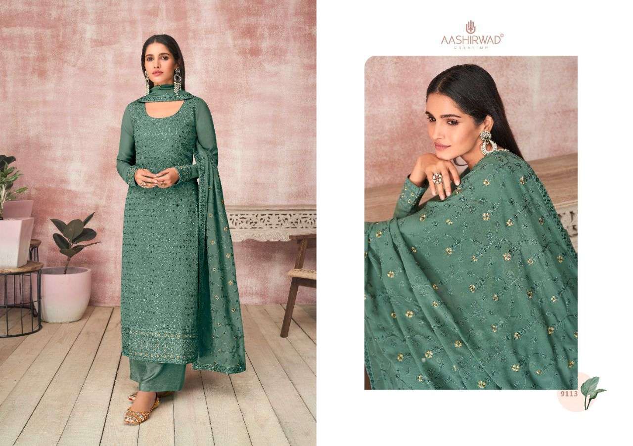 AASHIRWAD CREATION PRESENT KAVYA REAL GEORGETTE WITH EMBROIDERY WORK SEMI STITCHED DESIGNER SUIT IN WHOLESALE PRICE IN SURAT - SAI DRESSES