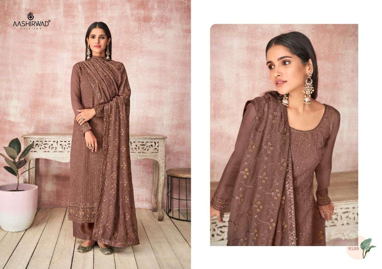 AASHIRWAD CREATION PRESENT KAVYA REAL GEORGETTE WITH EMBROIDERY WORK SEMI STITCHED DESIGNER SUIT IN WHOLESALE PRICE IN SURAT - SAI DRESSES