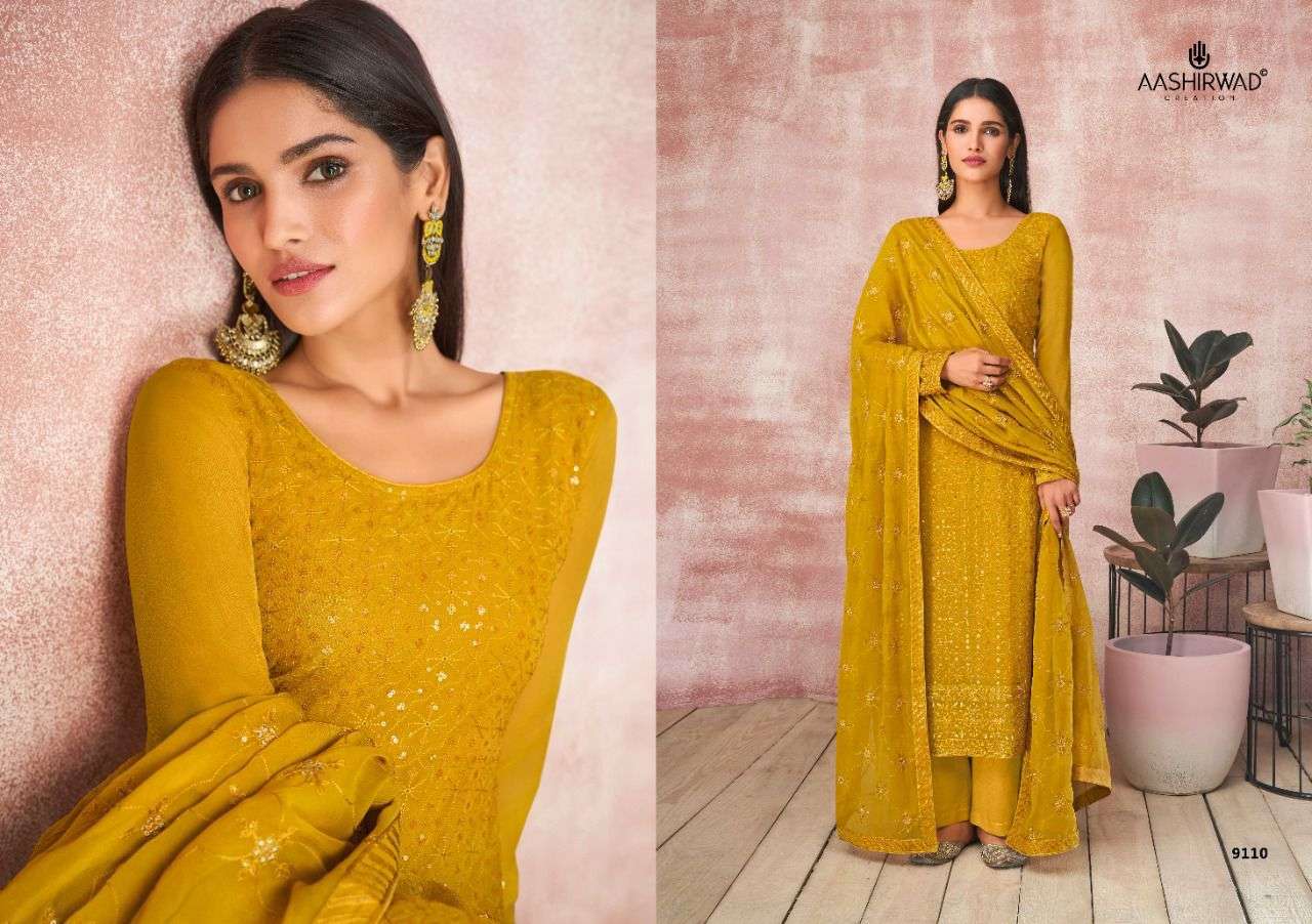 AASHIRWAD CREATION PRESENT KAVYA REAL GEORGETTE WITH EMBROIDERY WORK SEMI STITCHED DESIGNER SUIT IN WHOLESALE PRICE IN SURAT - SAI DRESSES