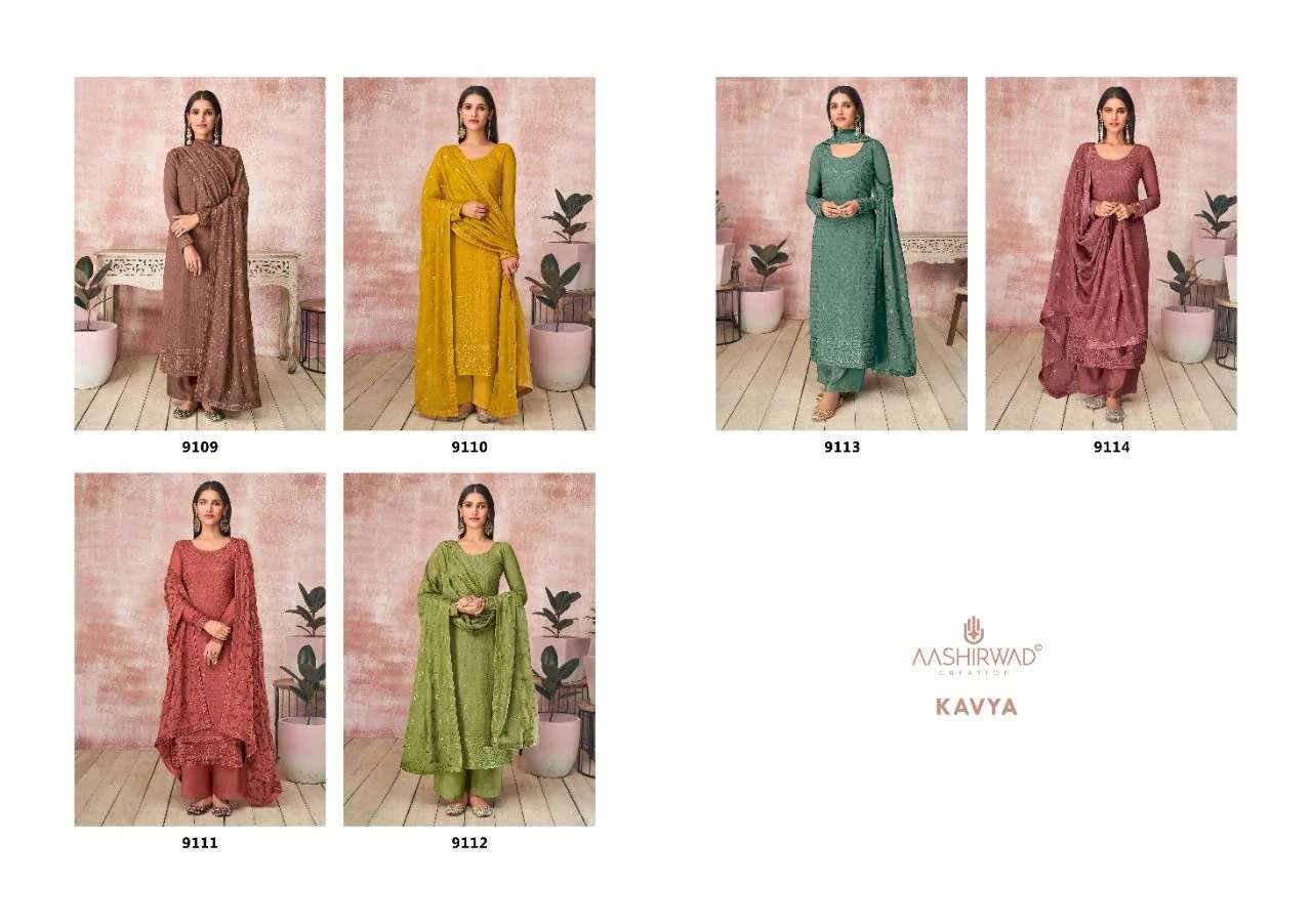 AASHIRWAD CREATION PRESENT KAVYA REAL GEORGETTE WITH EMBROIDERY WORK SEMI STITCHED DESIGNER SUIT IN WHOLESALE PRICE IN SURAT - SAI DRESSES